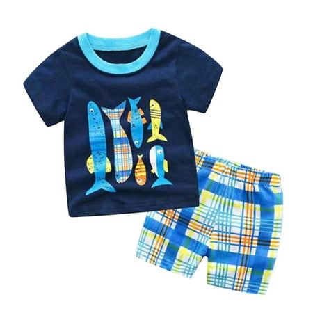 

TAIAOJING Toddler Baby Boys Cartoon Outfit Set Kids Dinosaur T Shirt Grid Short Sleeve Tops Shorts Clothes Set 6-7 Years