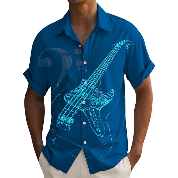 Telankuip Men's Guitar Pattern Short Sleeve Shirts Lapel Button down Music Festival Print Shirt Summer Tropical Stylish Beach Vacation Casual Top for Loose Comfy Sky Blue XL