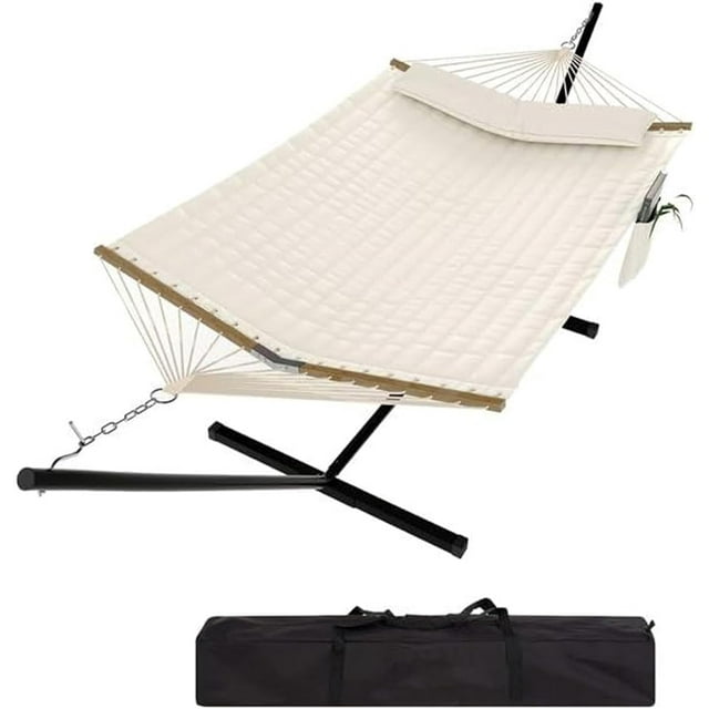 Ensemble de Hamacs pour 2 Personnes à Cadre en Acier avec Support, Capacité Robuste de 450 Lb, Conception en Polyester Matelassé et Filet, Comprend un Sac de Rangement - pour Cour Arrière, Patio, Camping