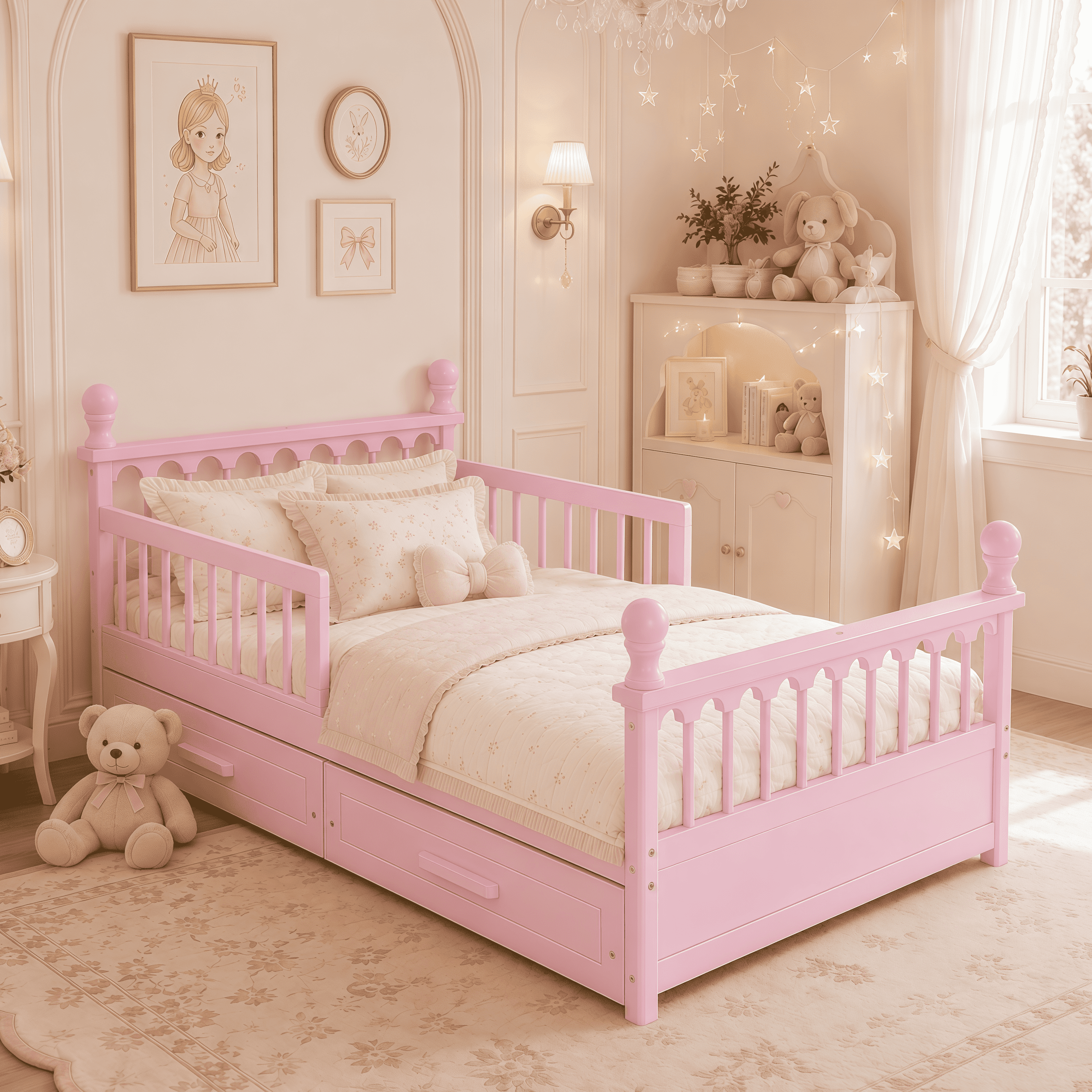 Euroco Wood Twin Size Platform Bed with Drawers, Low Profile Kids Bed with Safety Guardrails, No Box Spring Needed, Pink