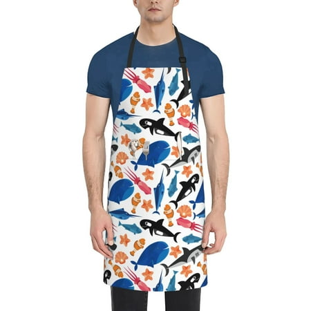 

Pofeuu Cute Sea Animals Print Waterproof Apron with Pockets Adjustable Cooking Aprons Kitchen Bib for Baking Household Cleaning