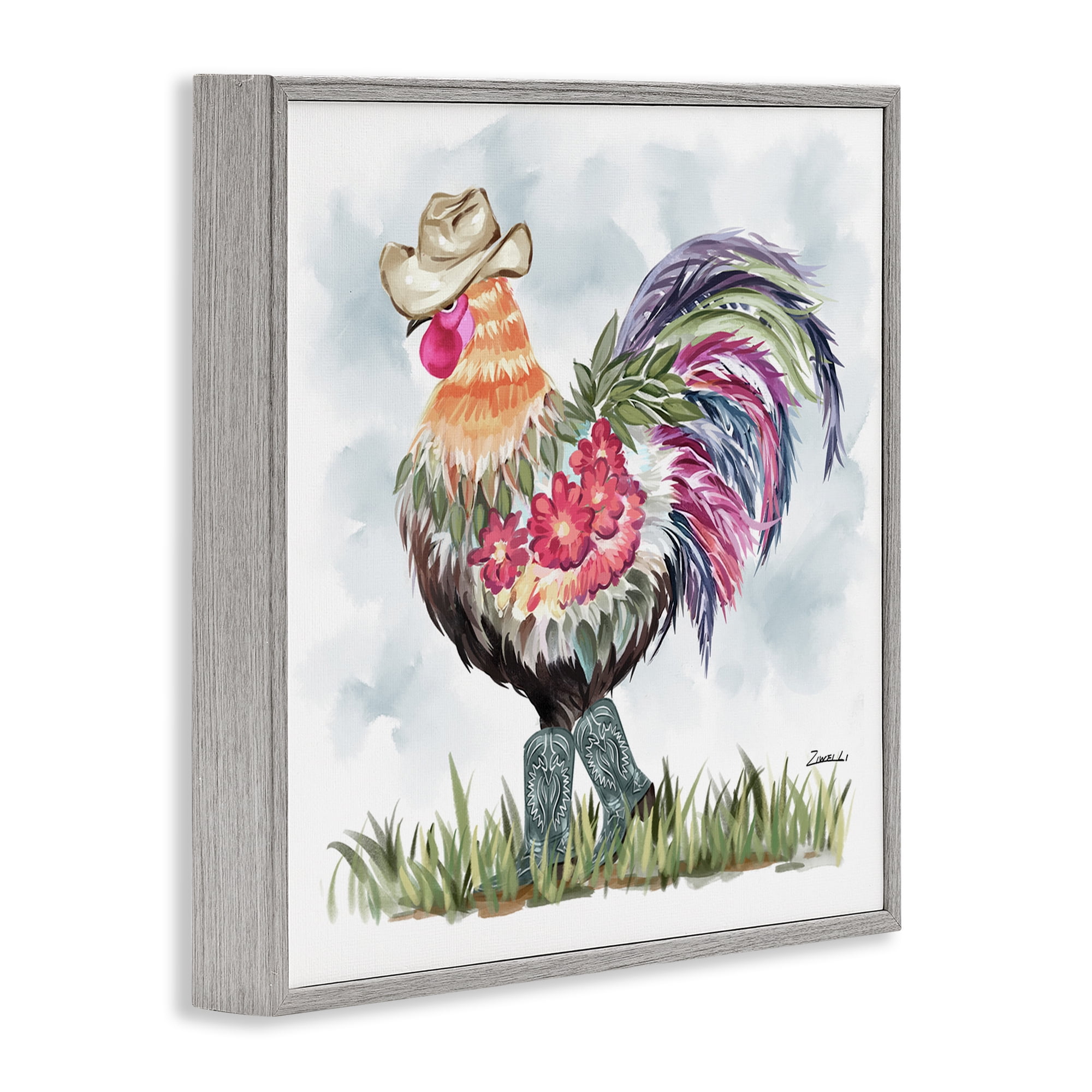 Stupell Industries Cowboy Floral Hen Animals & Insects Painting Gray Framed Art Print Wall Art, 12 x 12