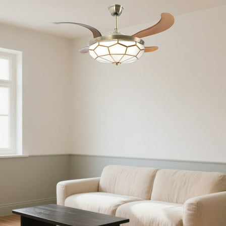 42" Tiffany Ceiling Fan Light Retractable Blades LED Chandelier Lamp for The Living Room, Dining Room, Hotel