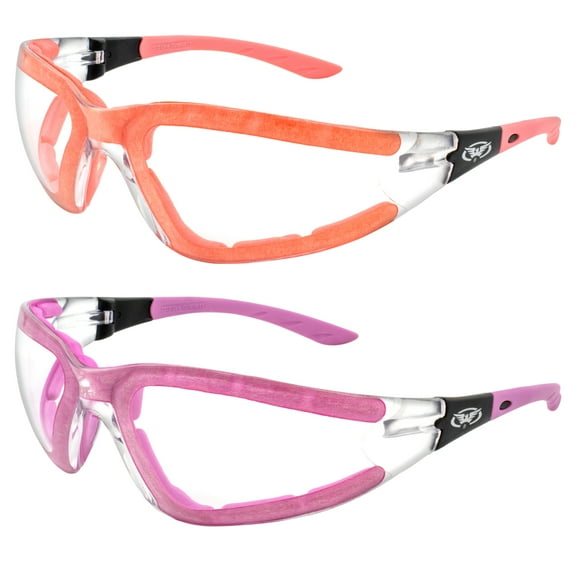 Global Vision Ruthless Padded Motorcycle Glasses for Women ANSI Z87.1 Safety Glasses 2 Pairs Purple & Pink Frames w/Clear Lenses