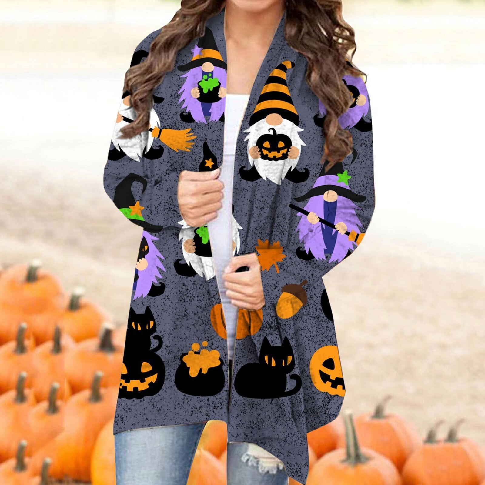MPWEGNP Women's Halloween Cardigan Pumpkin Cat Print Long Sleeve Open