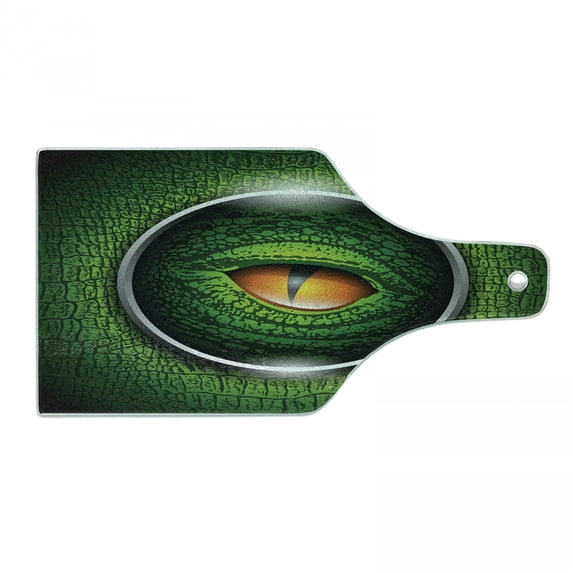 Eye Cutting Board, Vibrant Realistic Eye of Reptile Animal Natural Wildlife Scales Crocodile Look, Tempered Glass Cutting and Serving Board, Wine Bottle Shape, Green Orange Grey, by Ambesonne