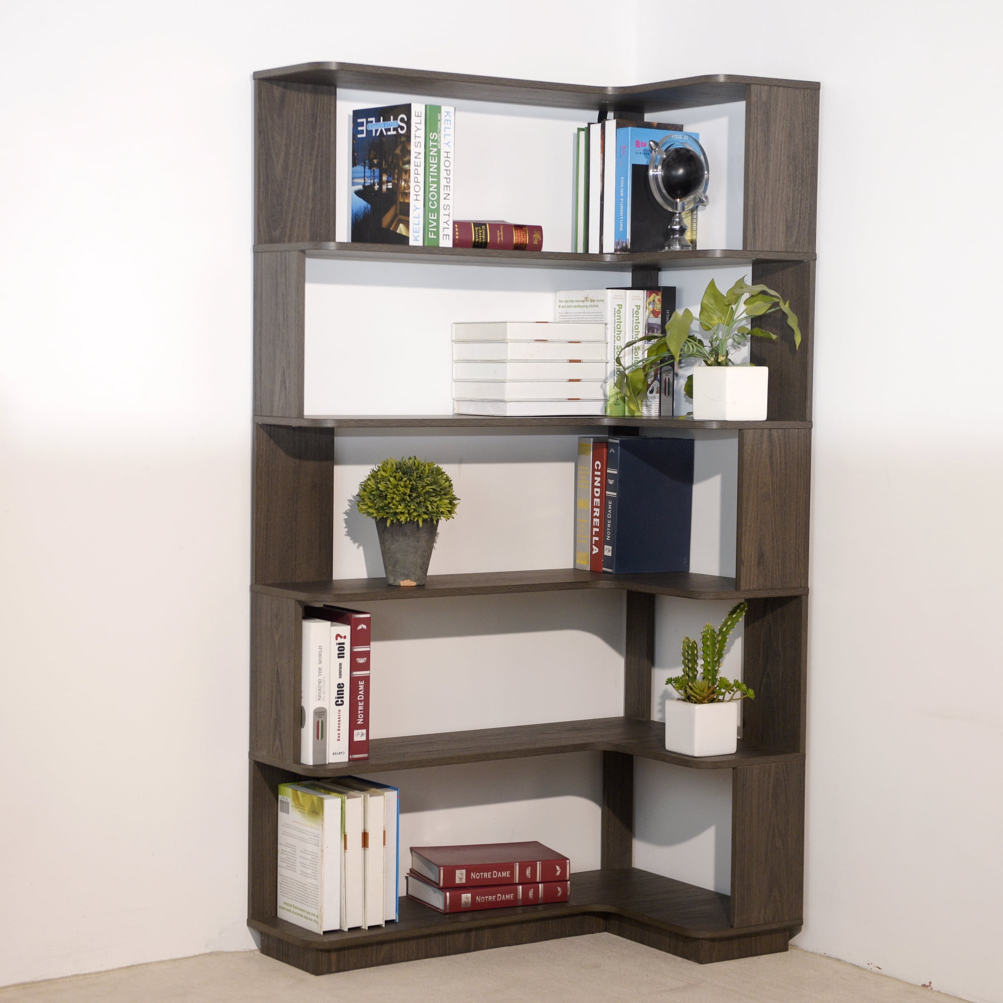 Leumius 5 Tier Freestanding Bookshelf,Wooden L-Shaped Corner Bookcase with Anti-drop Panel and Anti Tipping Device, Display shelf Open Storage,Dark Brown