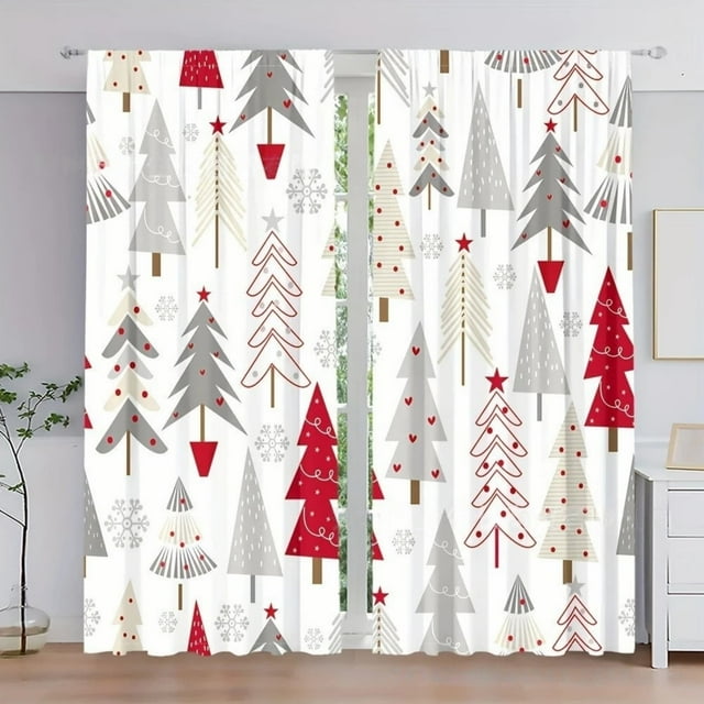 Oliegs Couverture Rideaux Imprimés des Fêtes 2 Rideaux Plats 2D Imprimés Rouges de Noël avec Flocons de Neige et Branches pour Chambre Salon Fête des Fêtes
