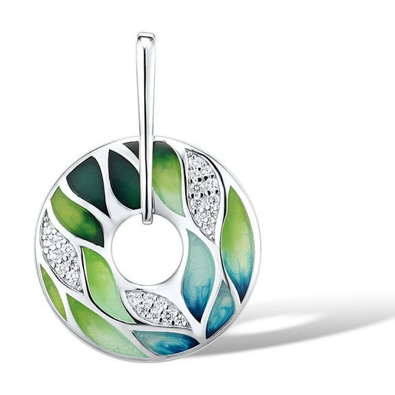 Santuzza 925 Sterling Silver Bamboo Leaves Pendant Cubic Zirconia Green Handmade Enamel Leaf Pattern Pendant Without Chain