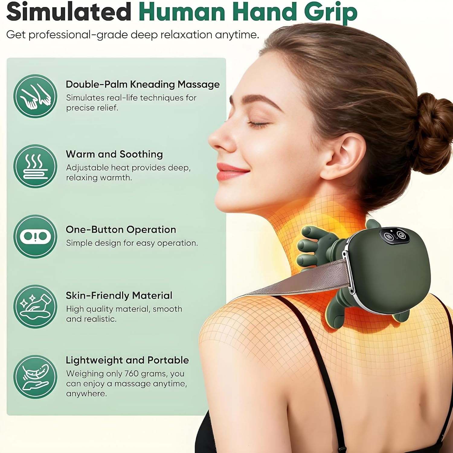 Neck Massager with Fingers,Rechargeable Heated Massager with 4D Bionic Fingers,Adjustable Low/High Heat & 3 Massage Speeds with Adjustable Straps,Secure Fit for Neck,Back,Arms,Legs Pain Relief