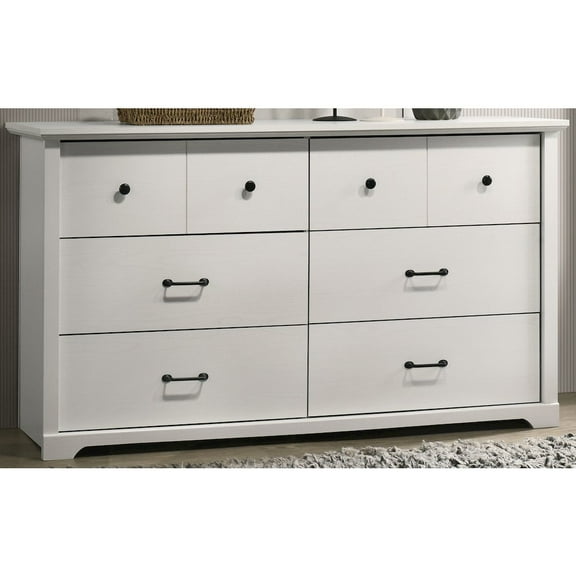 Lilola Home Elara 57"W White 6-Drawer Dresser with Black Handles
