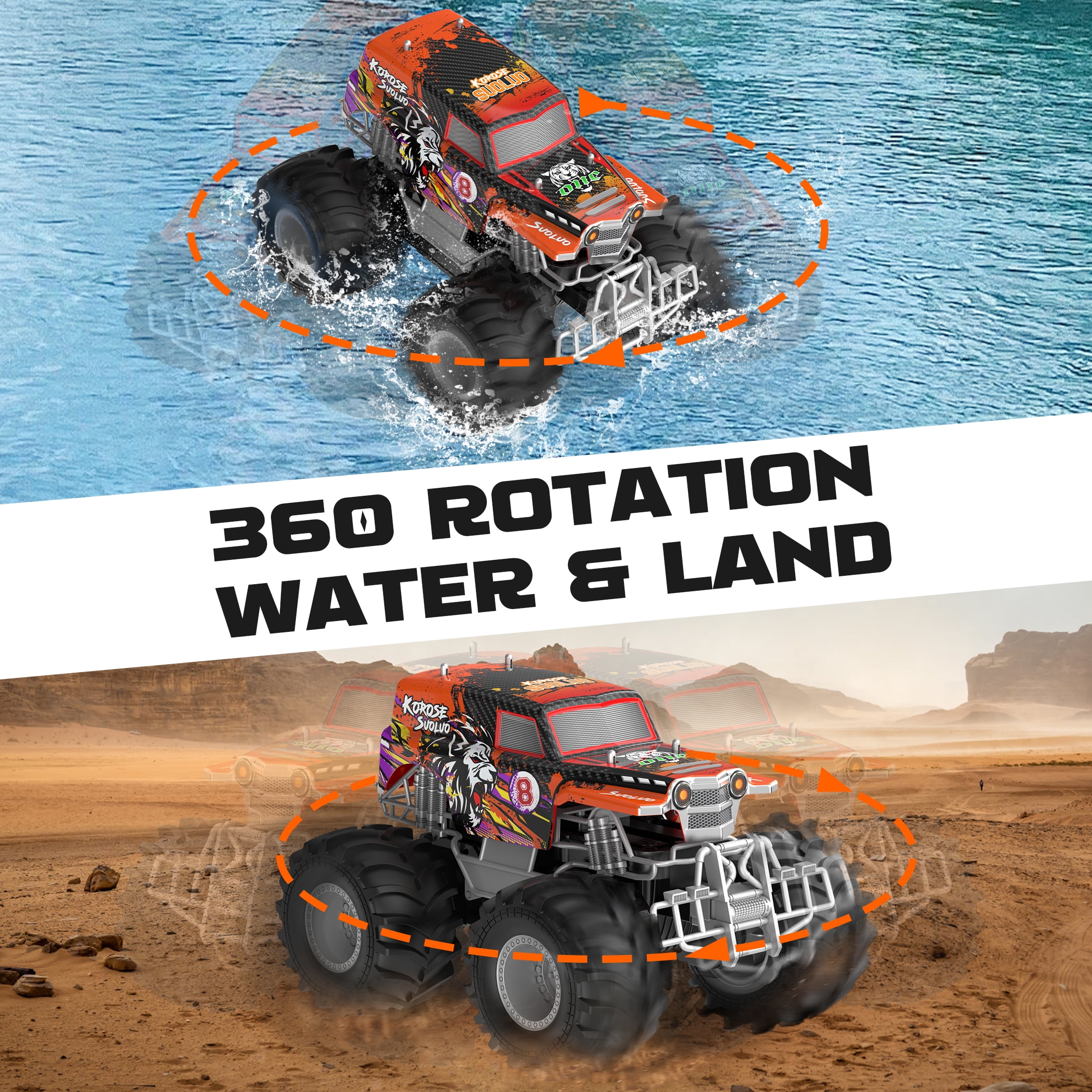 Amphibious Remote Control Car 2.4GHz 1:16 All Terrain Waterproof RC Monster Truck for Kids Pool Toys