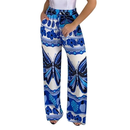 

Dadaria Wide Leg Boho Pants for Women Summer Butterfly Printing Trousers High Waist Wide Leg Slim Straight Beach Pants Blue XXL Female