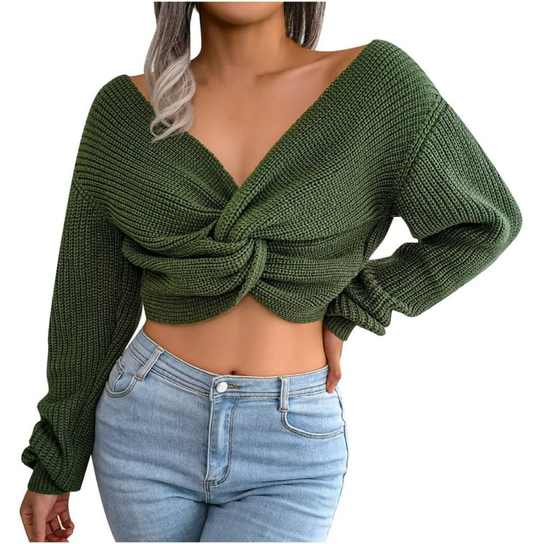 Hfyihgf Women's Sexy Criss Cross Cropped Sweaters Long Sleeve V-Neck  Twisted Front Pullover Sweater Knitted Jumper Crop Top(Army Green,M) 