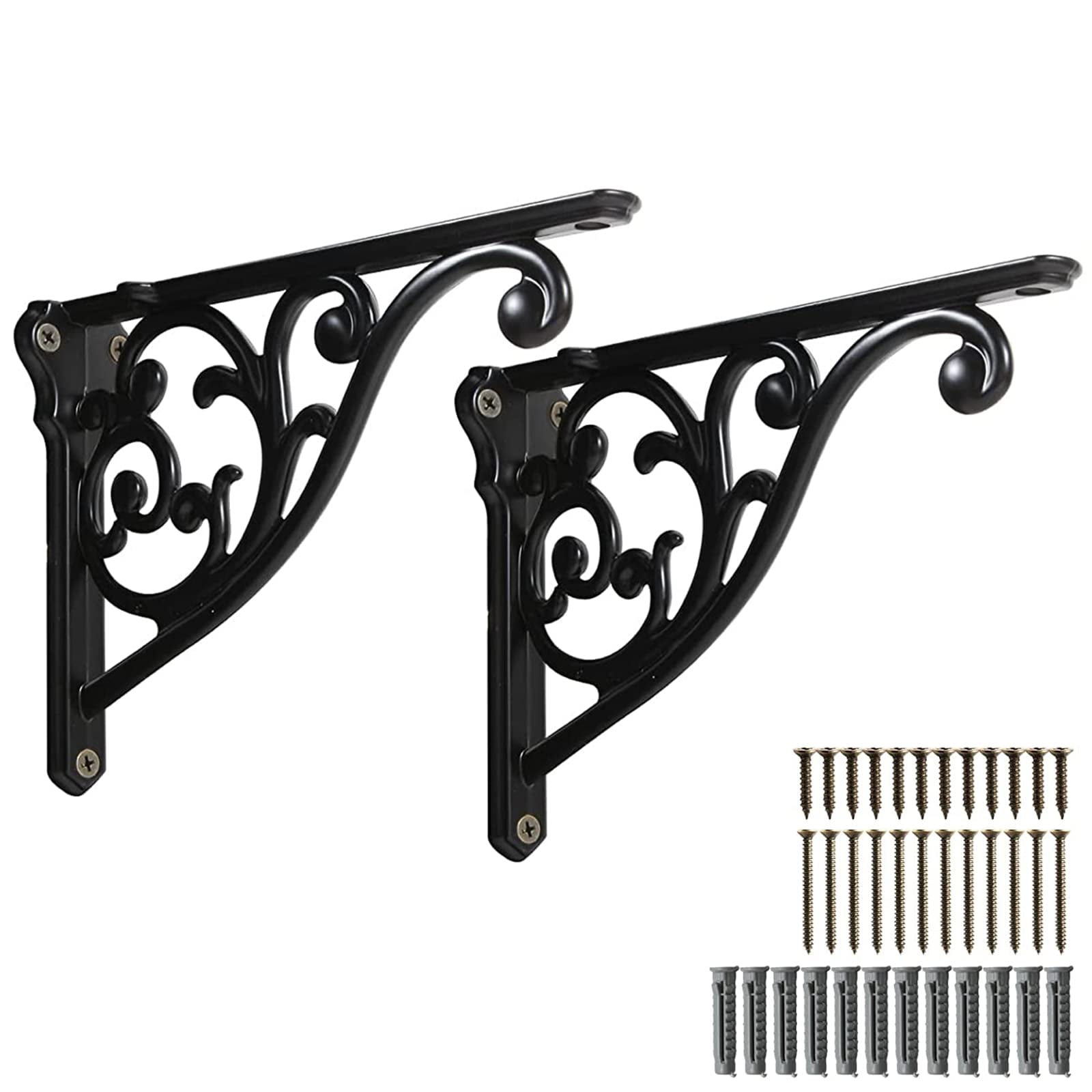2 Pack 8 Inch Shelf Brackets, Black Shelf Brackets,metal bracket for shelves ornate heavy duty