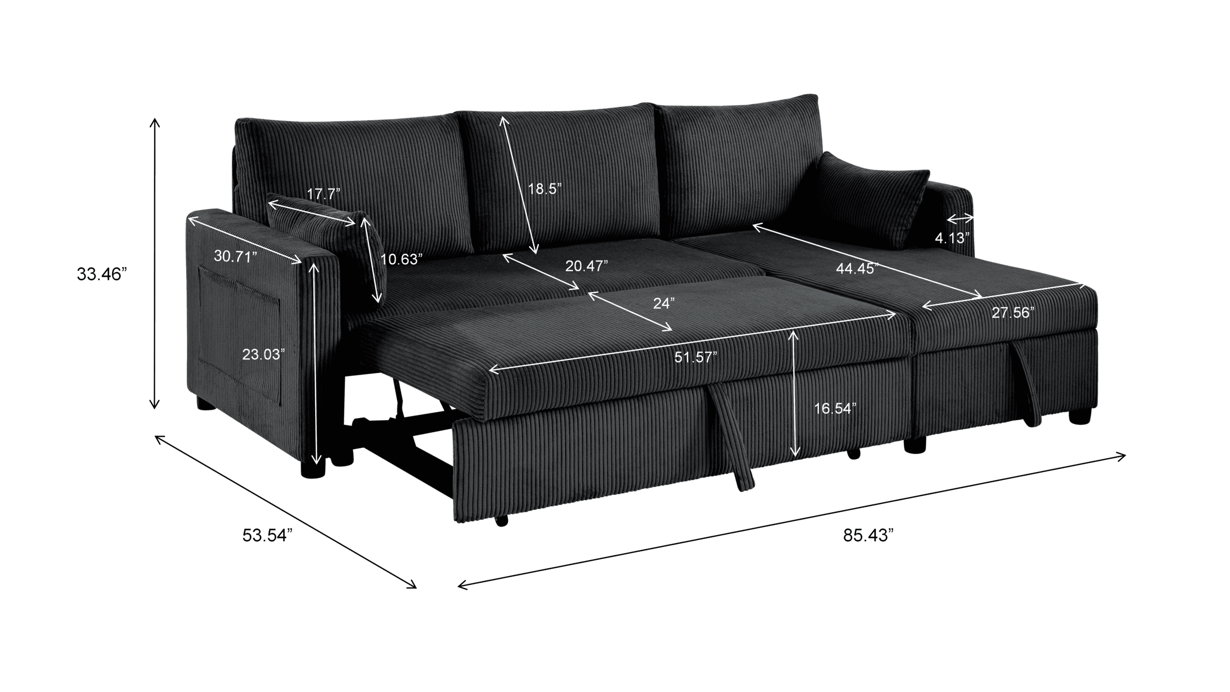 Leumius L Shaped Corduroy Sectional Sofa, 3 Seater Convertible Sofa Bed with Pull Out Bed & Storage Chaise, Sleeper Sofa Couch Bed for Small Living Room, Apartment, Office,Black
