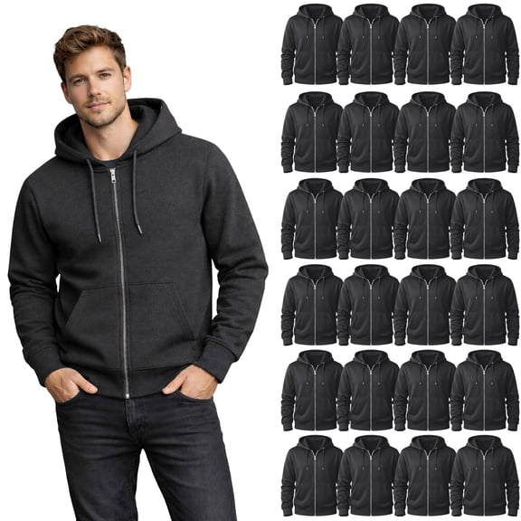 SOCKS'NBULK 24 Pack Wholesale Full Zip Hoodies ASSORTED MIXED SIZES, Bulk Cotton Fleece Zippered Sweatshirts for Men & Women, Shelter Donation, Shelters, Hoodie Case Charcoal Gray Color