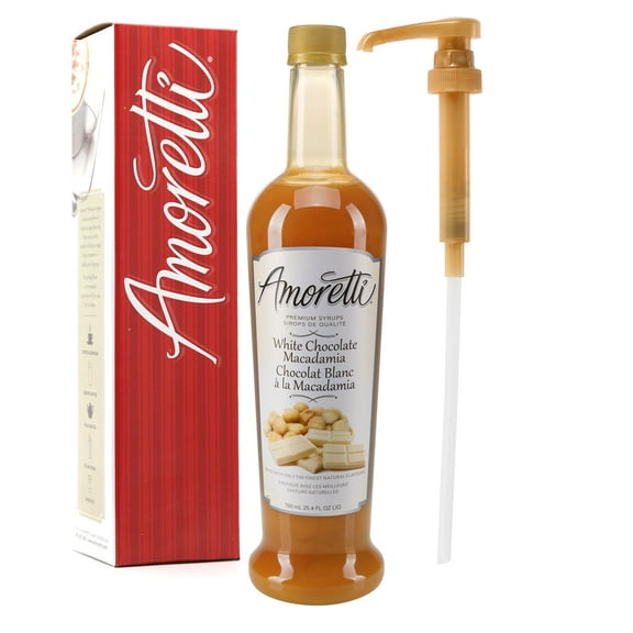 Amoretti - Premium White Chocolate Macadamia Syrup, 94 Servings Per Bottle (750 ml), with Pump for Flavoring Coffees, Cocktails, and other Beverages, Gluten Free, GMO/GEO Free, Preservative Free