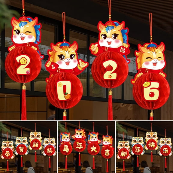 Dserhfy 4 Pcs Chinese New Year Hanging Lantern Decoration Red Lucky Paper Honeycomb Lantern for Spring Festival Celebration