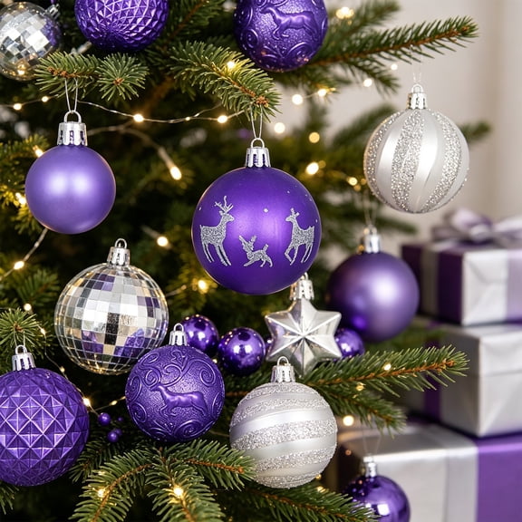 Christmas Tree Hanging Ornament Set Decorative Assorted Shatterproof Plastic Holiday Baubles Purple Silver