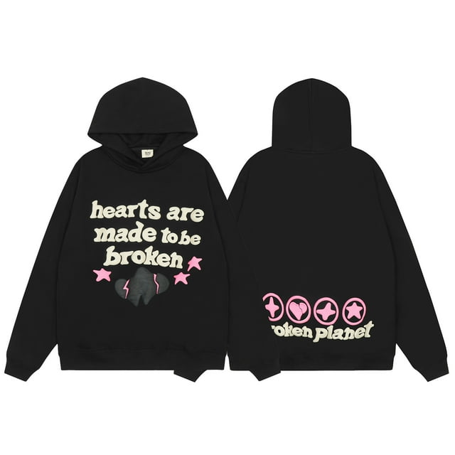 Sweat à Capuche en Peluche Décontracté Imprimé Lettres Planète Cassée-H239 Noir-S