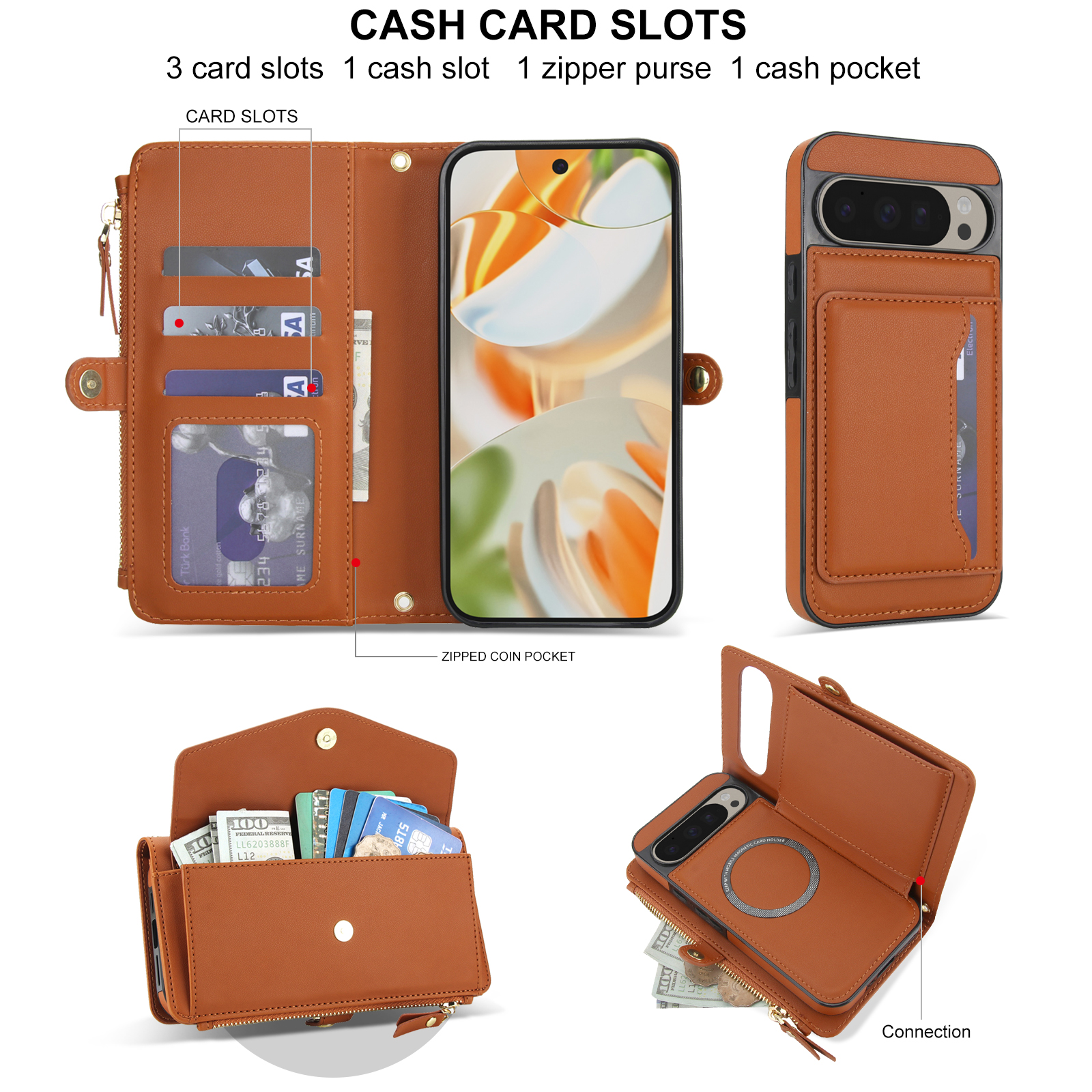 Designed for Google Pixel 8 Multi-Function Wallet Phone Case,With Shoulder Strap&Wrist Strap,Cash Pocket&Card Slots,Zipper Purse,Magnetic Detachable PU Leather Flip Phone Case,Brown