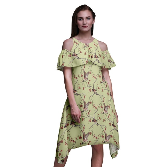 Bimba Beige Bird Print Cold Shoulder Women Swing Tunic Flutter Sleeve Midi Dress - Medium
