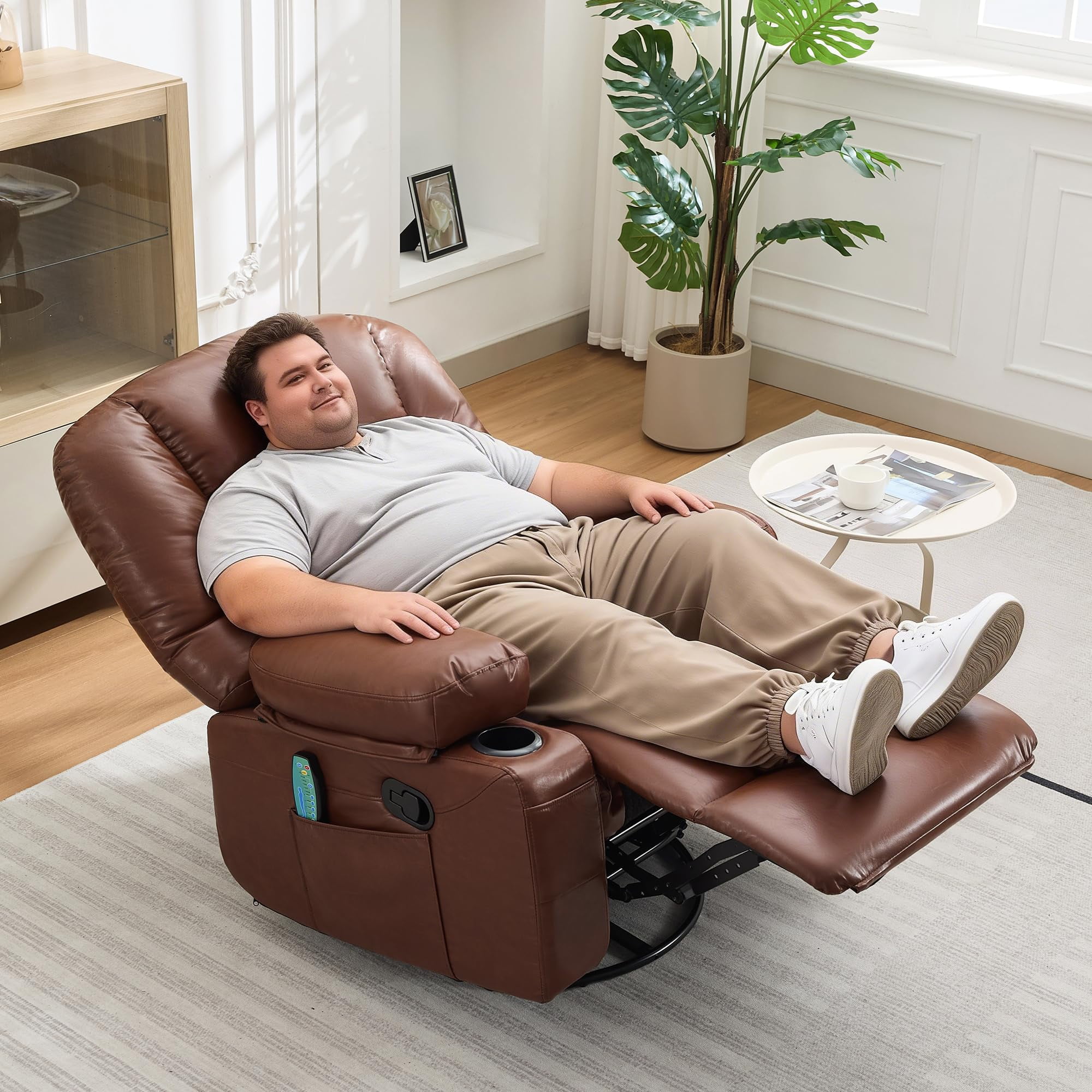 Oversized 360° Swivel Recliner Chair for Adults - Rocker Glider with Vibration Massage & Heat - Extra Wide, Overstuffed Lounge Sofa, Manual Recline, Cup Holders & Side Pockets
