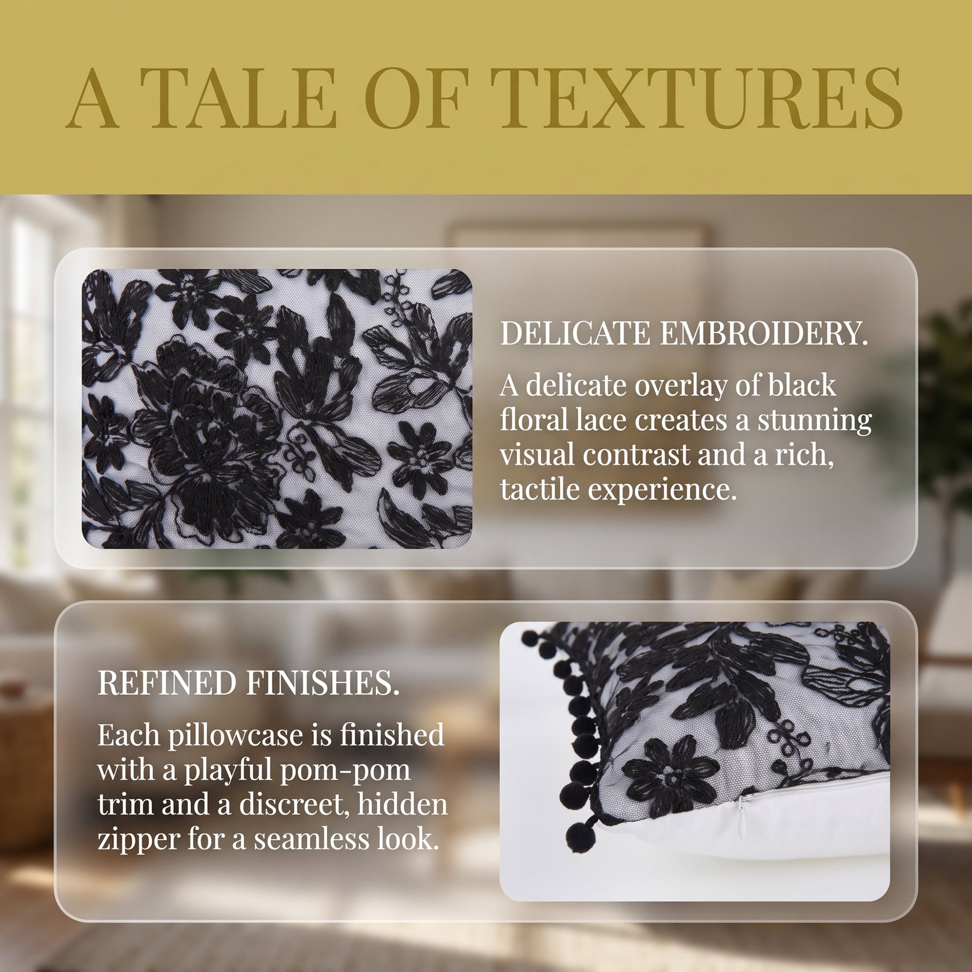Unique Bargains Elegant Vintage Floral Throw Pom-Pom Pillow Covers Black 20" x 12"