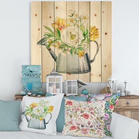 Designart Marigolds Roses and Peonies In Garden Watering Can Farmhouse Print on Natural Pine Wood
