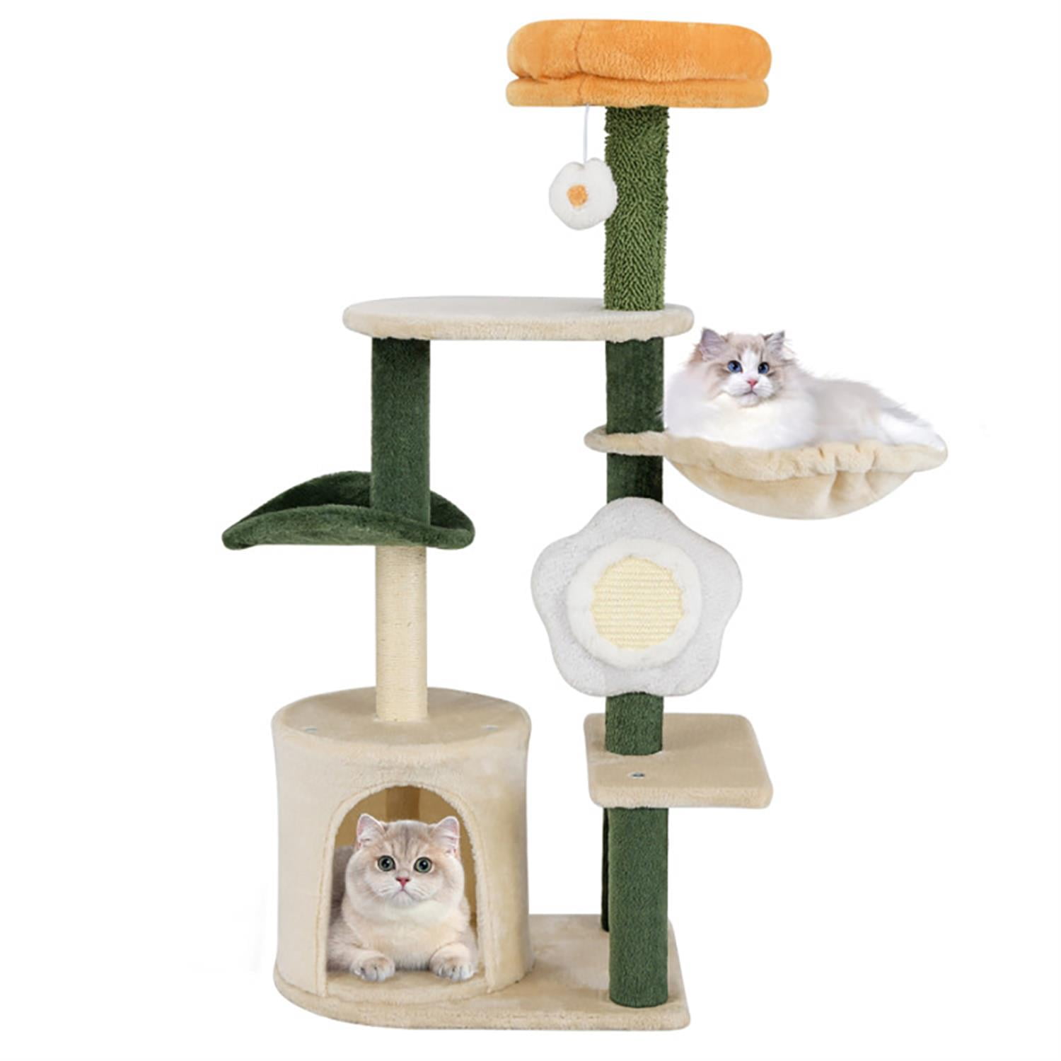 Kadyn 71" Cat Tree Tower with Hammock for Indoor Cats, Cute Flower Cat Tree House with Scratching Posts and Dangling Ball, Beige