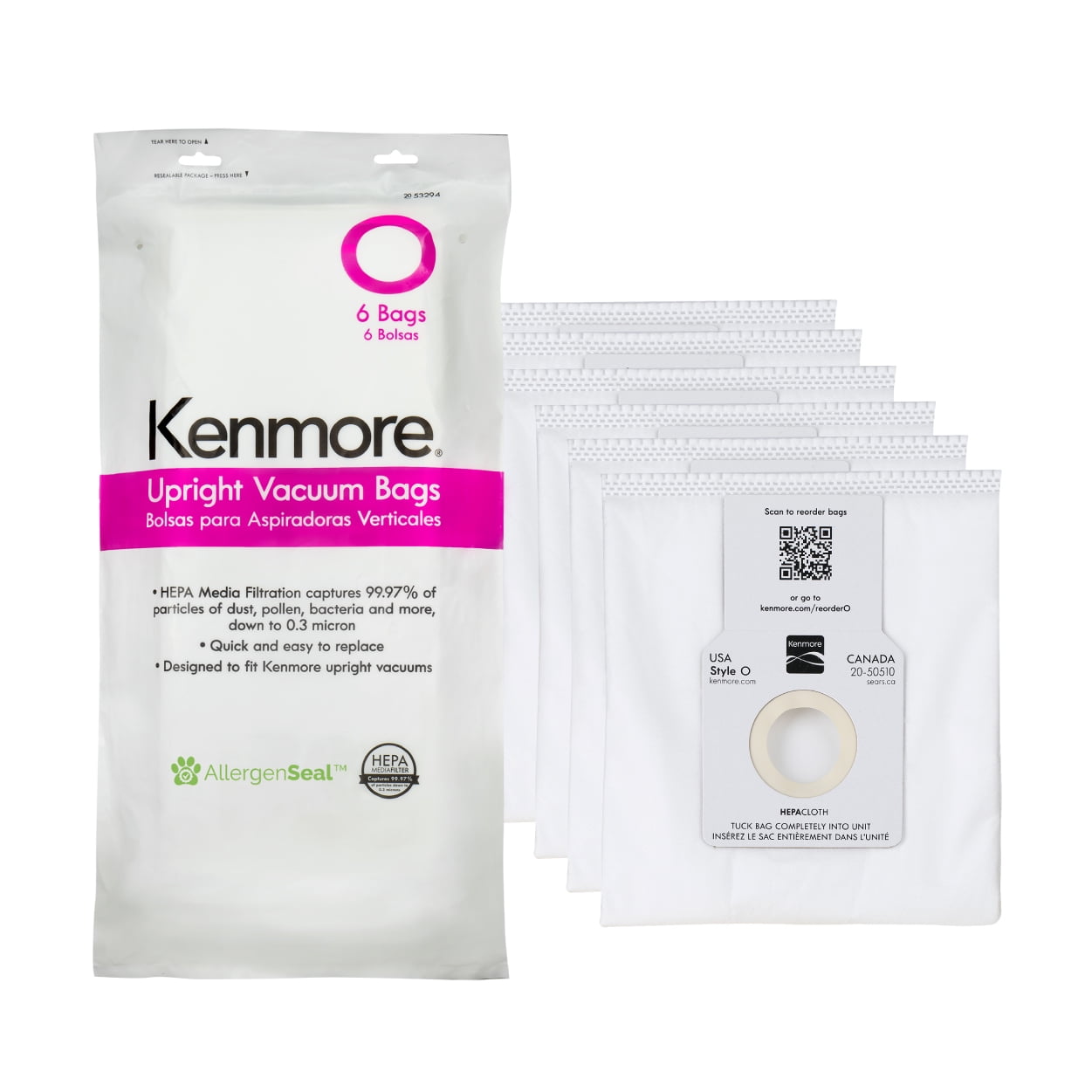 6 Pack Kenmore Type O Vacuum Bags HEPA for Upright Vacuums Style 53294 