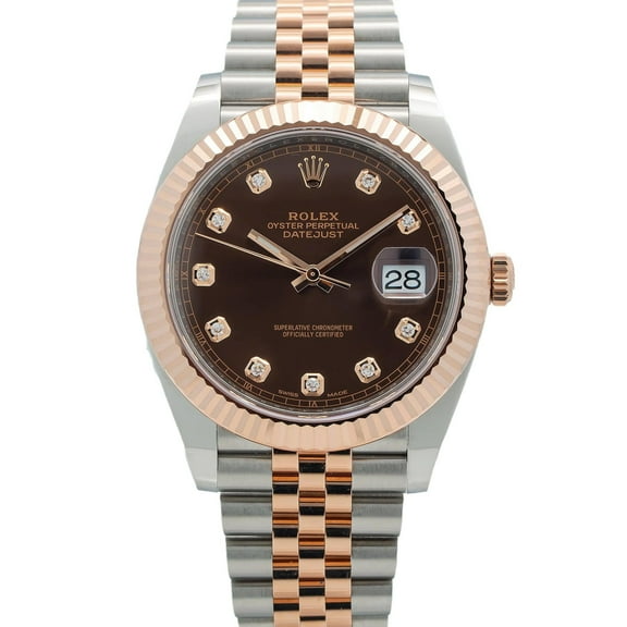Pre-Owned Rolex Datejust 41MM 126331 Chocolate Diamond Dial Fluted Bezel Two Tone Rose Gold Jubilee Bracelet