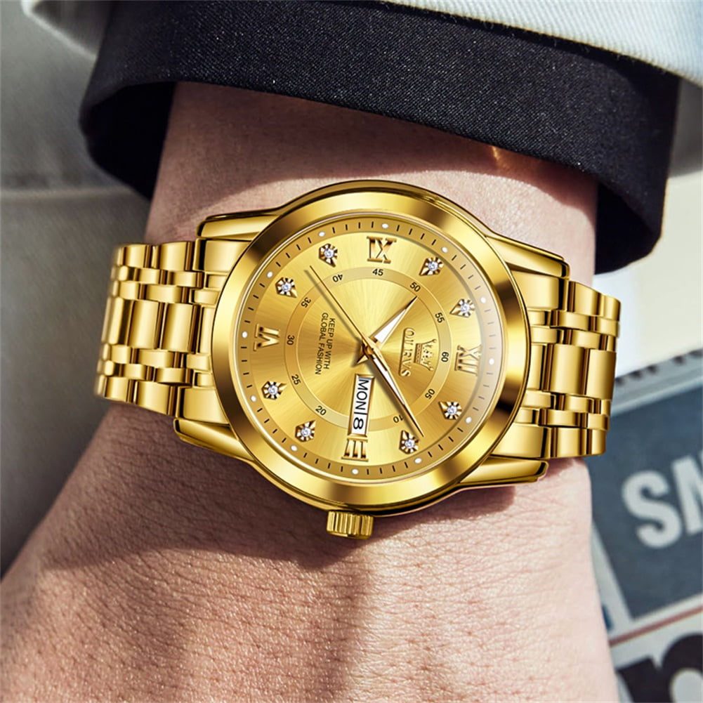 OLEVS Watches for Men Classic Business Dress Analog Quartz Stainless Steel Waterproof Luminous Date Diamond Mens Wrist Watches Relojes De Hombre,Gold/Blue/Black Dial