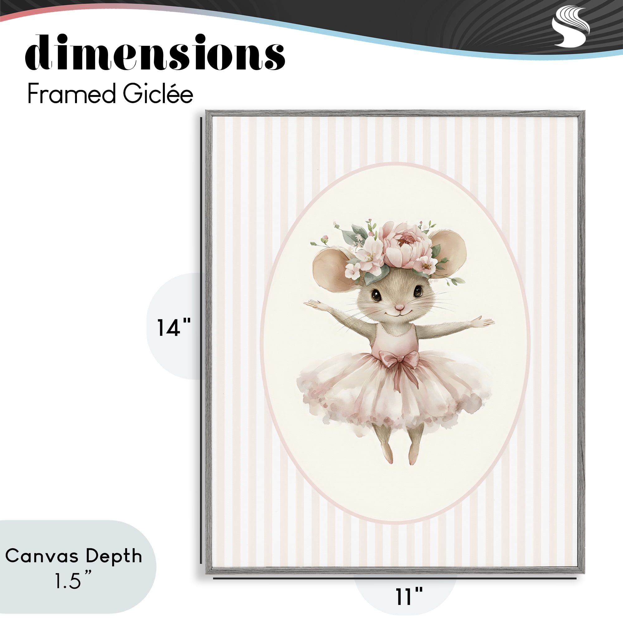 Stupell Industries Nursery Ballerina Mouse Striped Gray Framed Giclee Art, design by LSR Design Studio