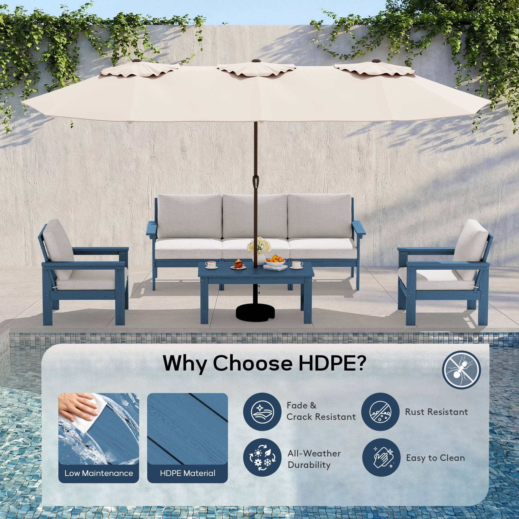 SERWALL Outdoor Patio Furniture Set, 6-Piece HDPE Outdoor Sofa Set Patio Conversation Set, Blue Frame with Beige Cushions
