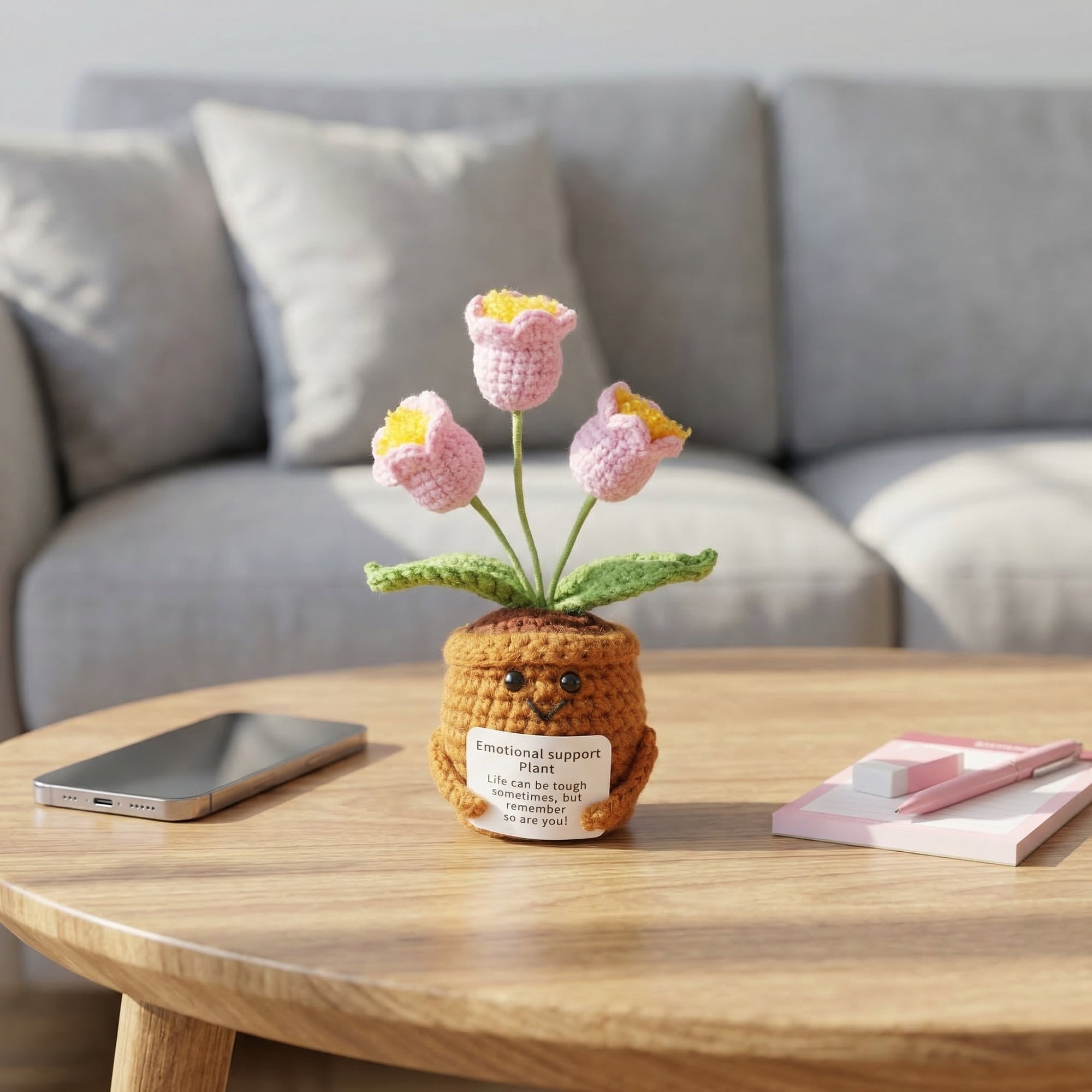 Unique Bargains Handmade Crochet Lily Knitted Potted Plant Pink 4.3inch