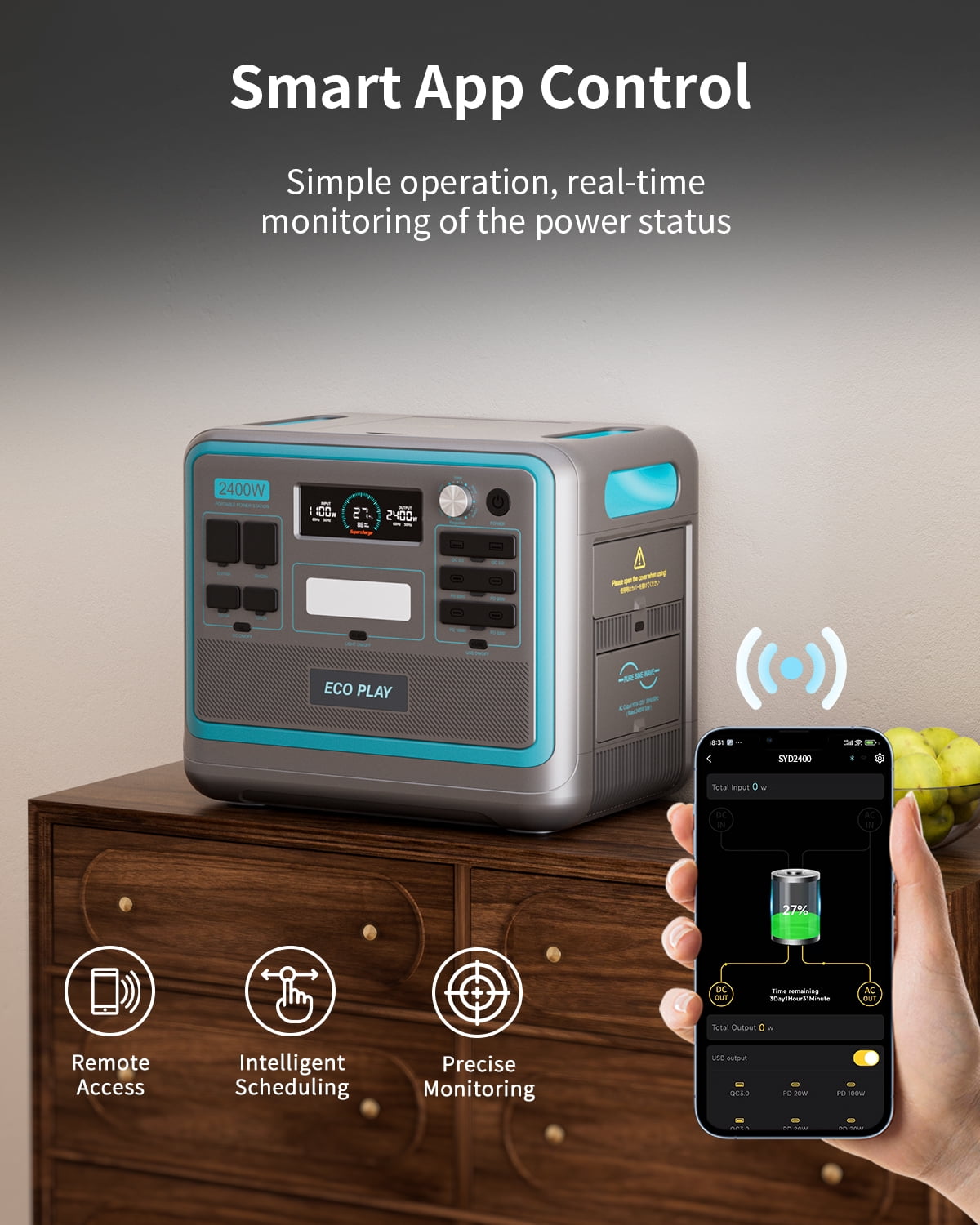 Eco Play 2400W Portable Power Station with 200W Solar Panel