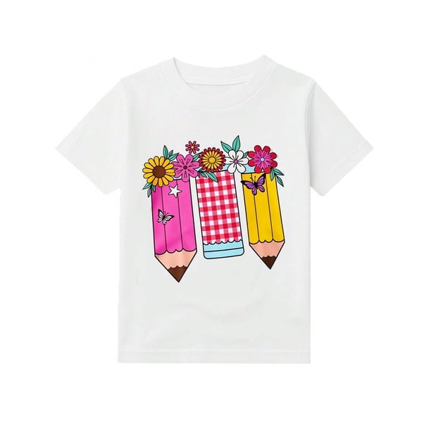 Girls & Boys Floral Pencil Themed Cotton Graphic Tees, Back To School Clothes Girls, Black and Colorful Design Summer Shirts With Flowers, Gift For First Day of School