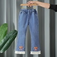 thumbnail image 2 of MKOSPLRT Kids Girls Bootcut Jeans with Pocket 4-14 Years Elastic Wasit Summer Denim Pants Stretch Slim Fit Flare Jeans Ruffle Hem Jeans, 2 of 4