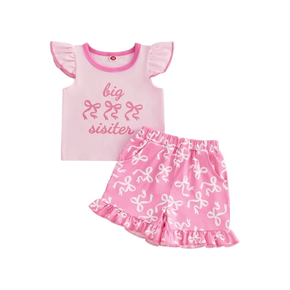 BemeyourBBs Toddler Baby Girl Little Sister Big Sister Matching Outfit 2 Piece Baby Girl Summer Clothes Cute Bow Flying Sleeve T-shirts and Ruffle Shorts Set