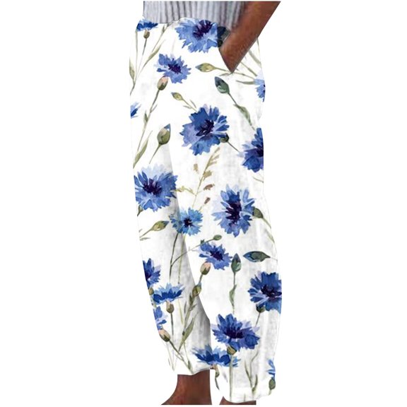 GaThRRgYP Womens Pants Clearance,Womens Sweatpants,Women's Summer Printed Cotton Pocket Straight Sleeve Casual Elastic Waist Loose Pants