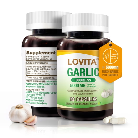 LOVITA Odorless Garlic Extract | 5000mg | 1.25% Allicin | Gluten-Free | Support Immune Cardiovascular Health | 60 Vegetarian Capsules