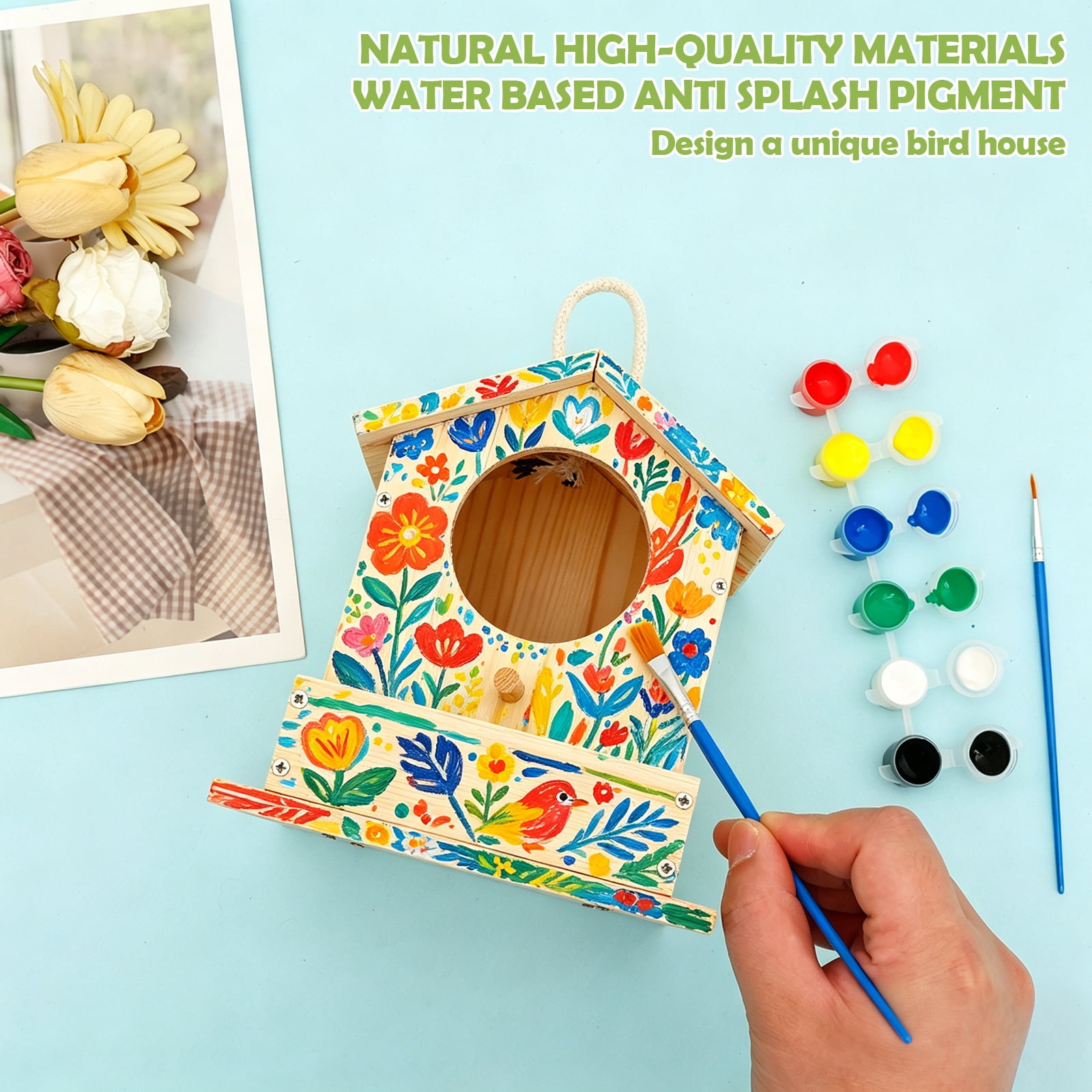 Threns Bird House Kit, 2 Pack DIY Wooden Birdhouse Kits, Arts and Crafts Painting Kit, Buildable DIY Birdhouse Kit for Kids, Summer Arts and Craft Projects with Paint and Brush