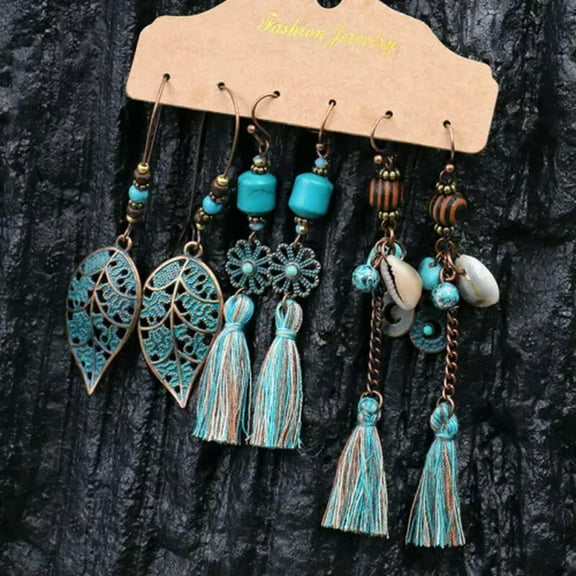 EOEMY Boho 3Pairs Boho Gypsy Earrings Set Tribal Ethnic Hook Drop Dangle Women Jewelry-2-Leaf