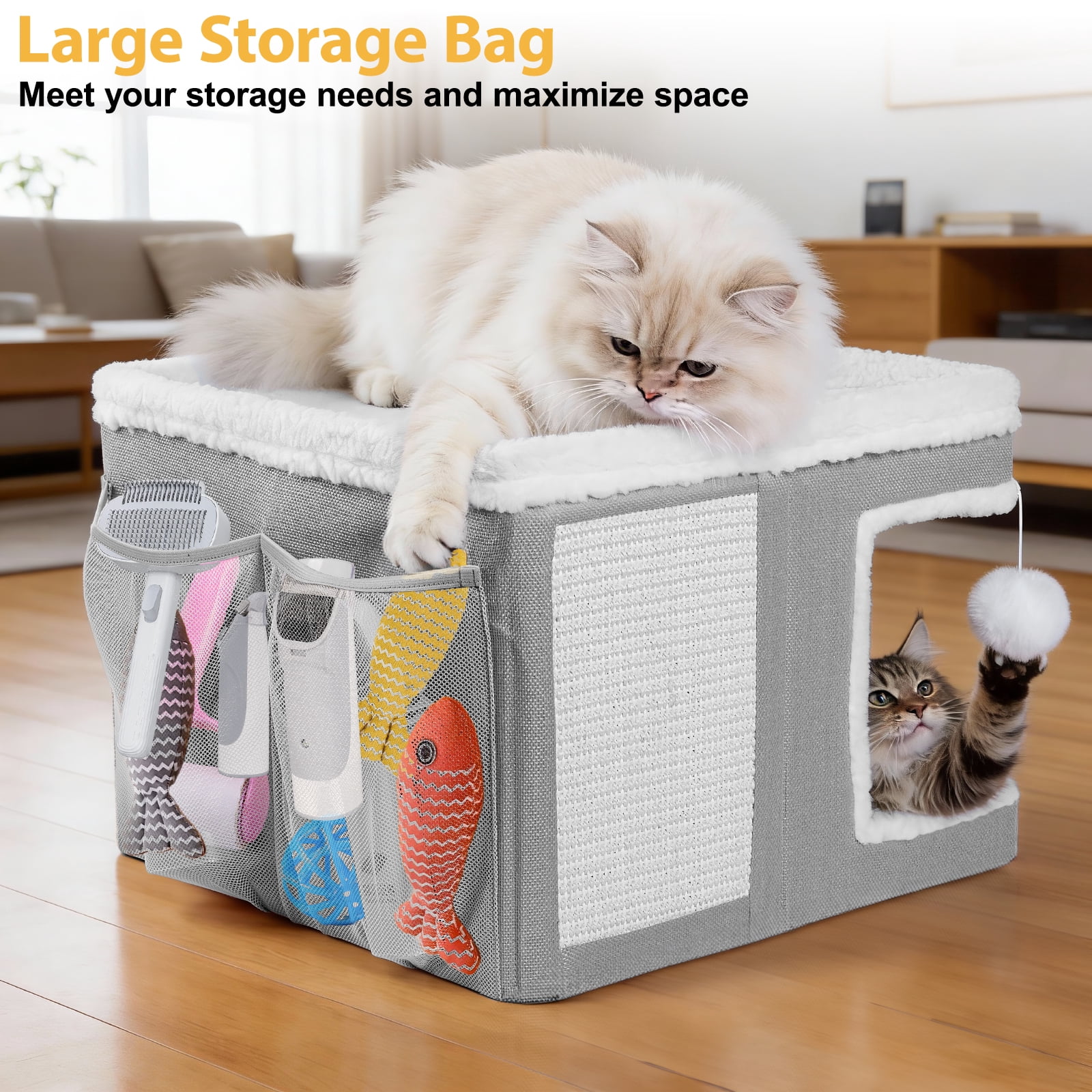 Cat Bed YUWENUS Cat House for Indoor Cats with 2 Cushion, Large Cat Cave with Scratch Pad and Fluffy Ball Hanging, Light Gray