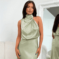 thumbnail image 2 of Ladies Elegant Sleeveless Halter Satin Summer Wedding Long Evening Dresses(M)-Light green-XL, 2 of 6