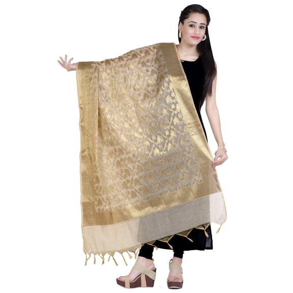 Chandrakala Women's Handwoven Beige Zari Work Banarasi Dupatta Stole Scarf,Free Size (D111BEI)