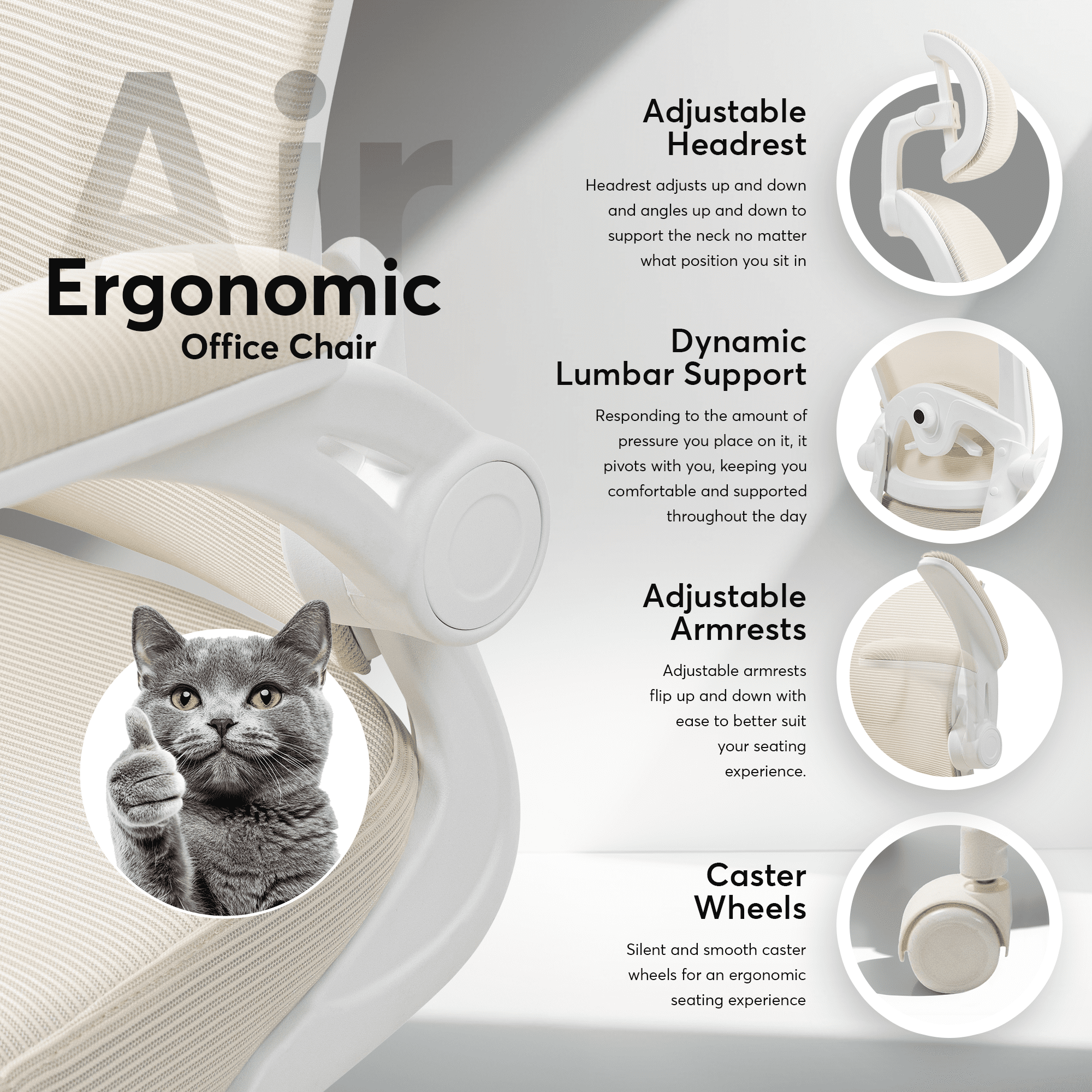 Oline ErgoAir Ergonomic Office Chair – Adjustable Lumbar Support, Flip-Up Armrests, Mesh Computer Desk Chair, Swivel Rolling Executive Gaming Chair for Home & Office (Beige)