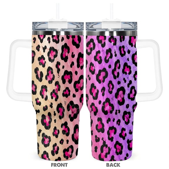 40oz Pink Purple Leopard Print Insulated Travel Tumbler with Handle Straw Lid Car Cup Coffee Mug Gift